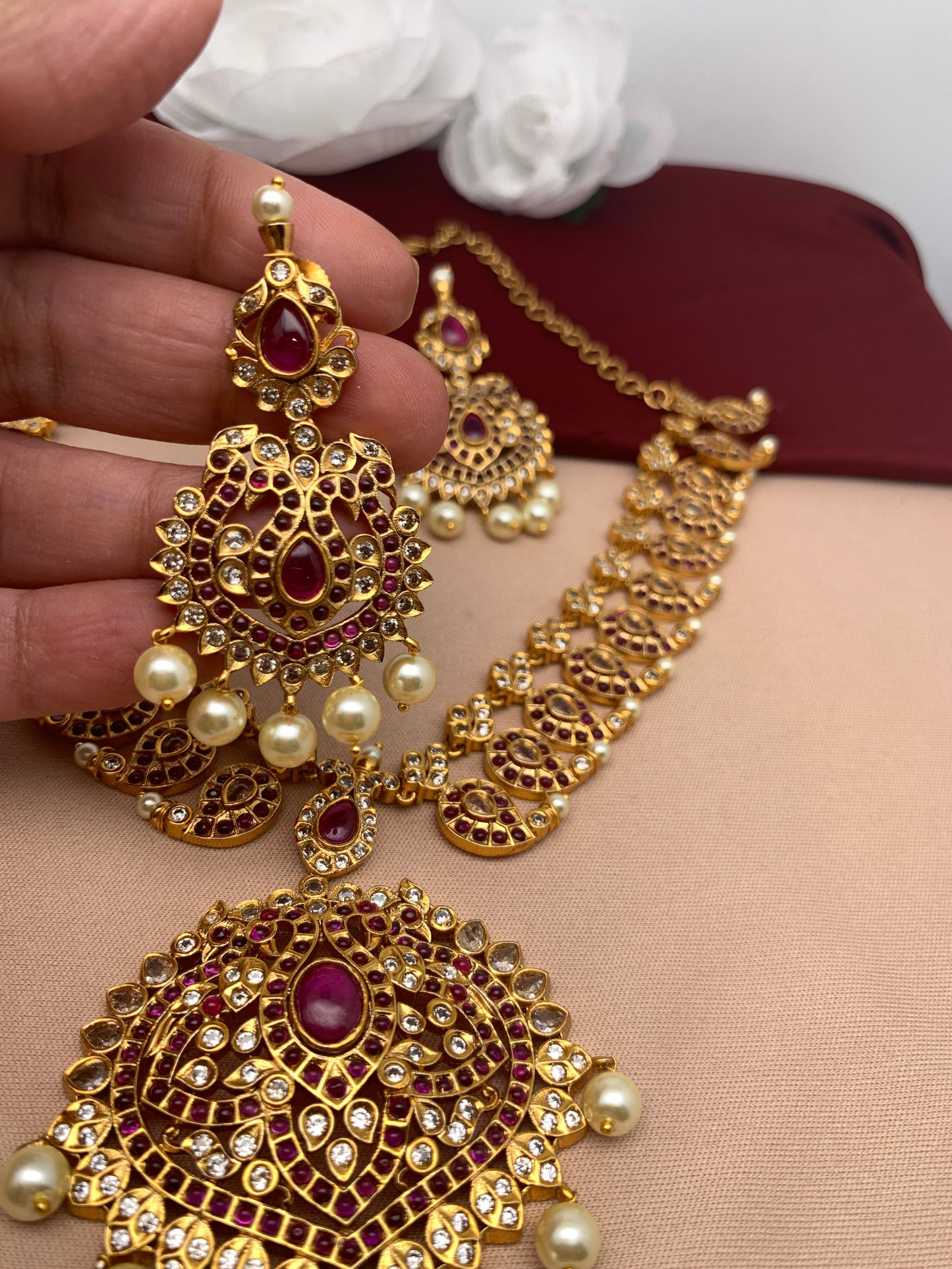 Red Stone Mango Matte Finish Short Necklace