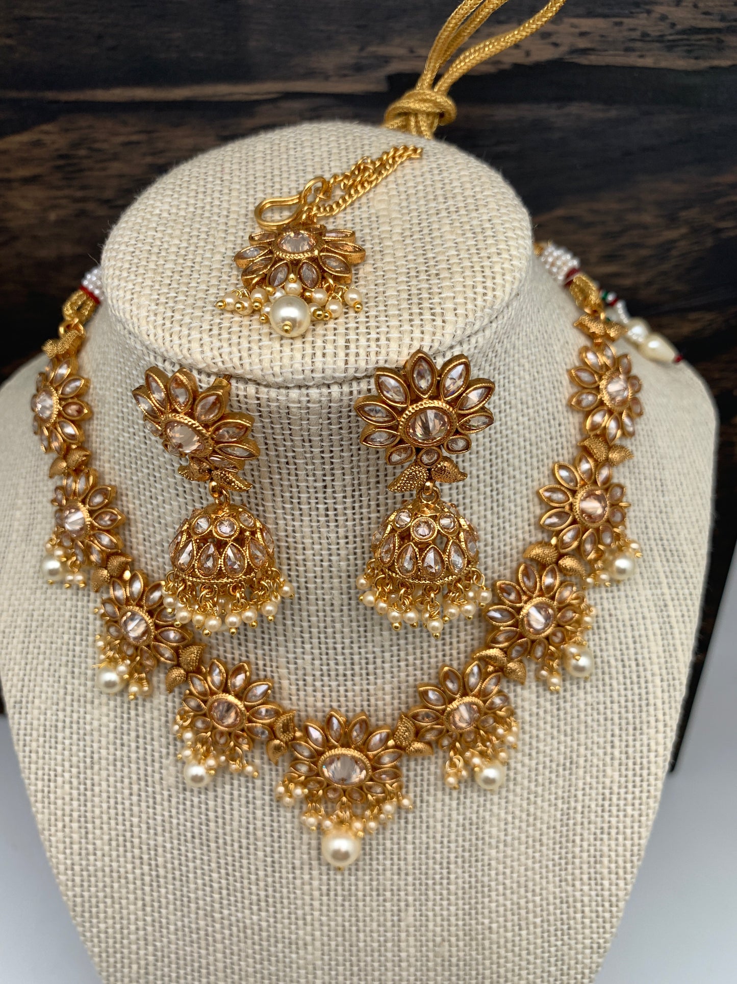 CZ Floral Pattern Short Necklace Set with Jhumki and Maang Teeka