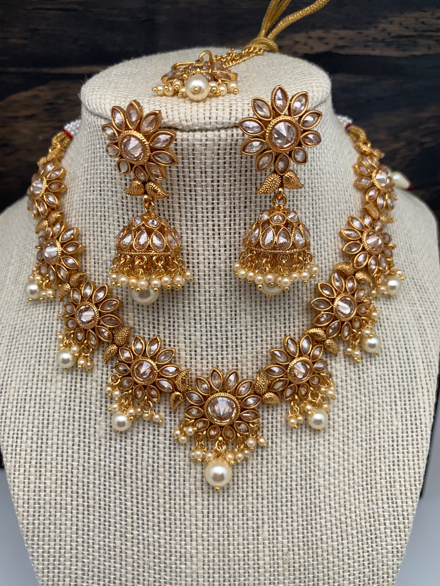 CZ Floral Pattern Short Necklace Set with Jhumki and Maang Teeka