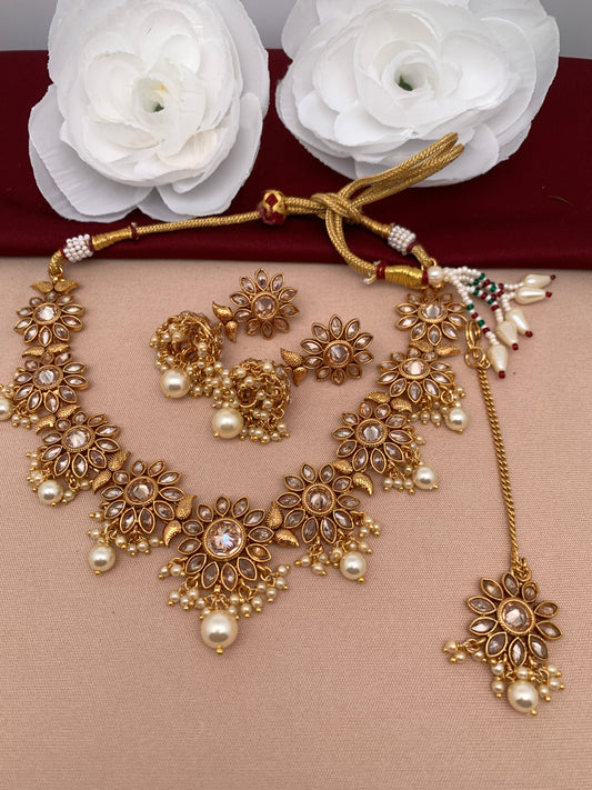 CZ Floral Pattern Short Necklace Set with Jhumki and Maang Teeka