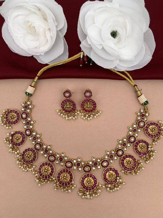 Goddess Lakshmi CZ Red Stone Short Necklace Set