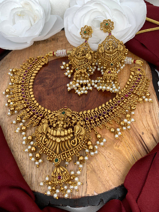 Goddess Lakshmi Matte Finish Red Stone Short Necklace Set