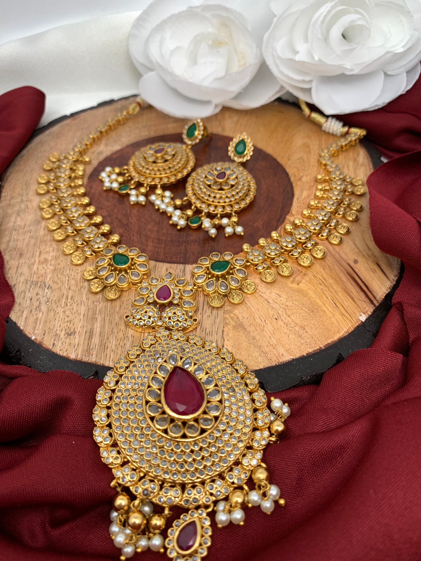 CZ Multi Stone Goddess Lakshmi Coin Links Short Necklace Set