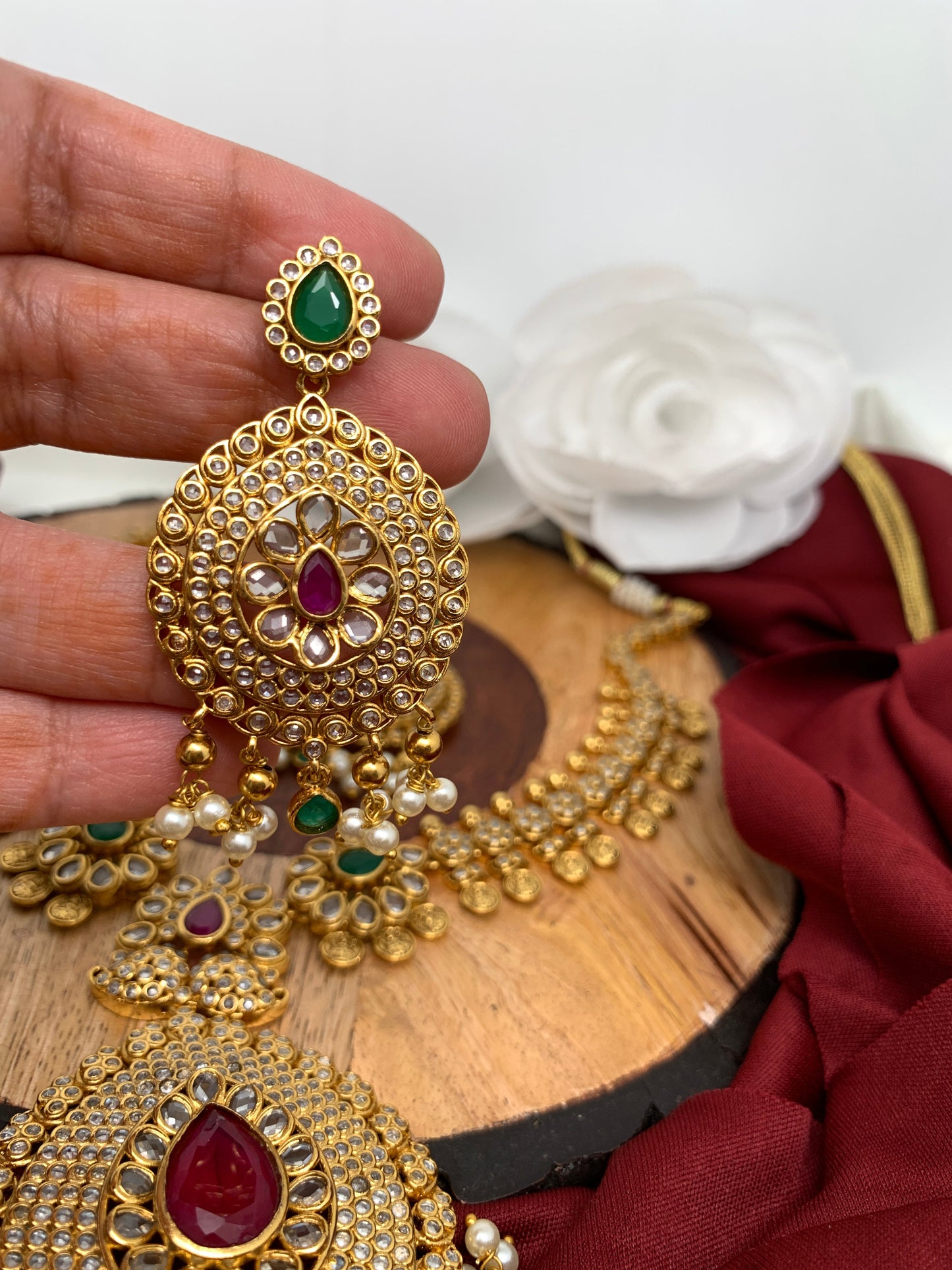 CZ Multi Stone Goddess Lakshmi Coin Links Short Necklace Set
