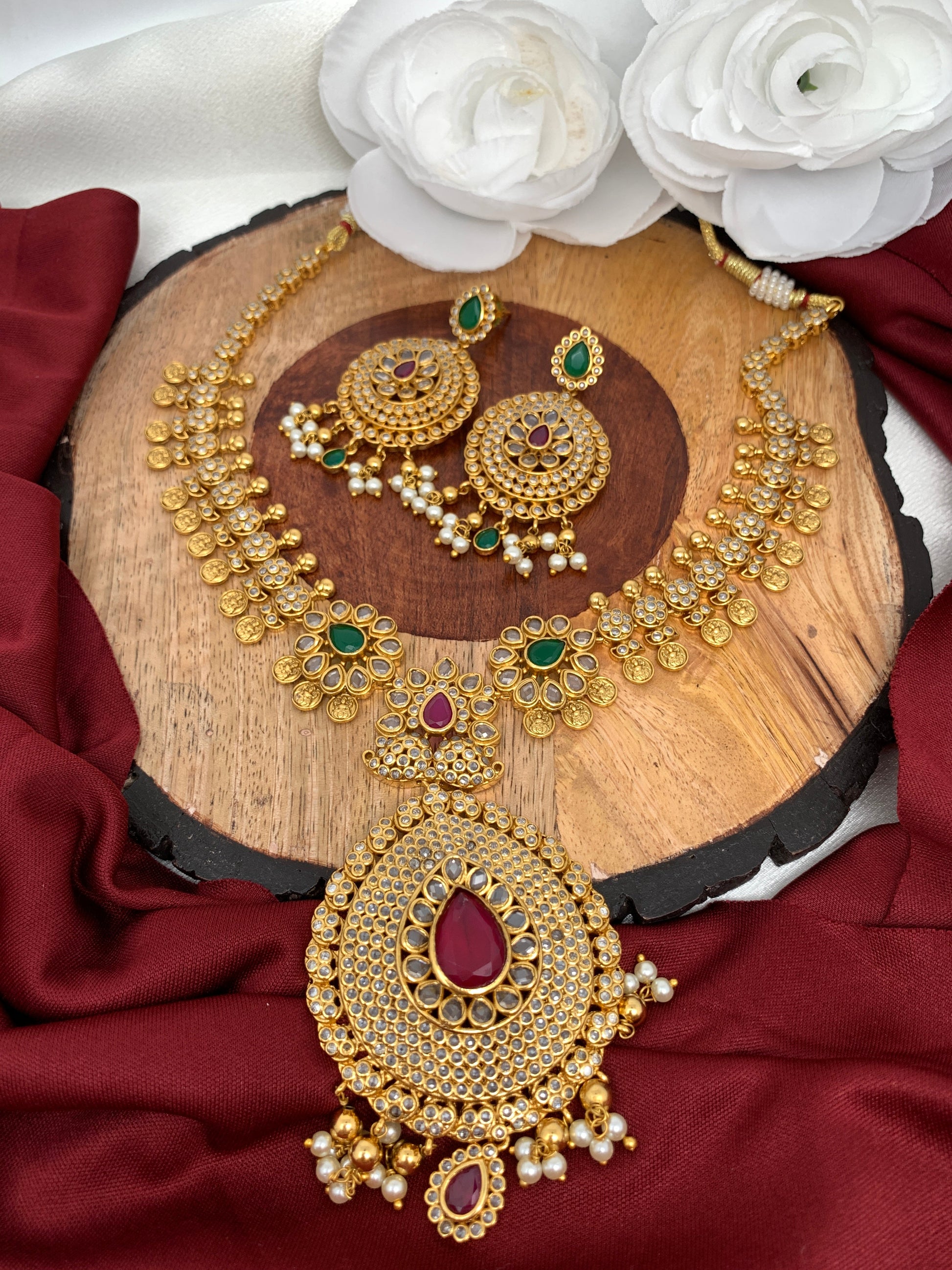 CZ Multi Stone Goddess Lakshmi Coin Links Short Necklace Set