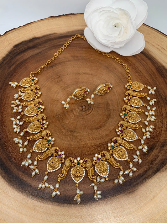 Goddess Lakshmi Peacock Multi Stone Premium Matte Necklace