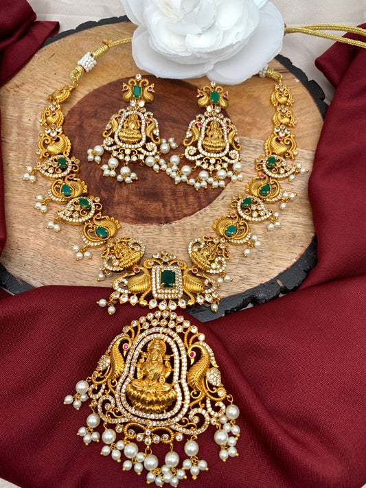 Goddess Lakshmi Green Stone CZ Peacock Pattern Short Necklace
