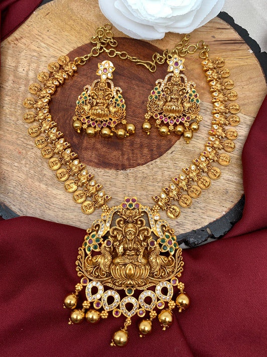 Goddess Lakshmi Red Green Stone Lakshmi Coins Short Necklace