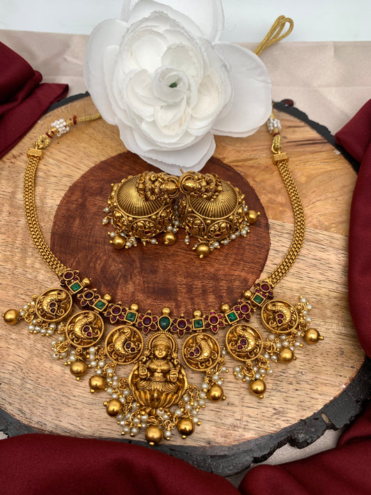 Chain Style Goddess Lakshmi Peacock Red Green Kemp matte finish Short Necklace
