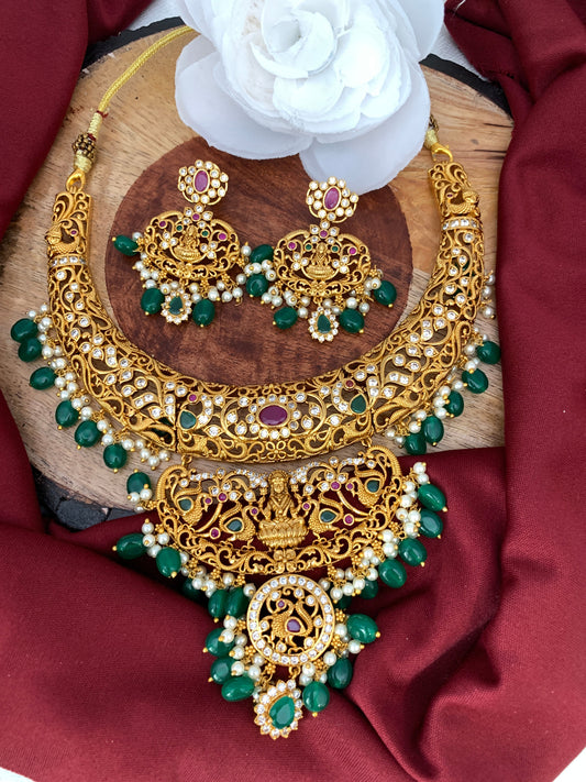 Goddess Lakshmi Green Beads Kanthi Neckline Necklace