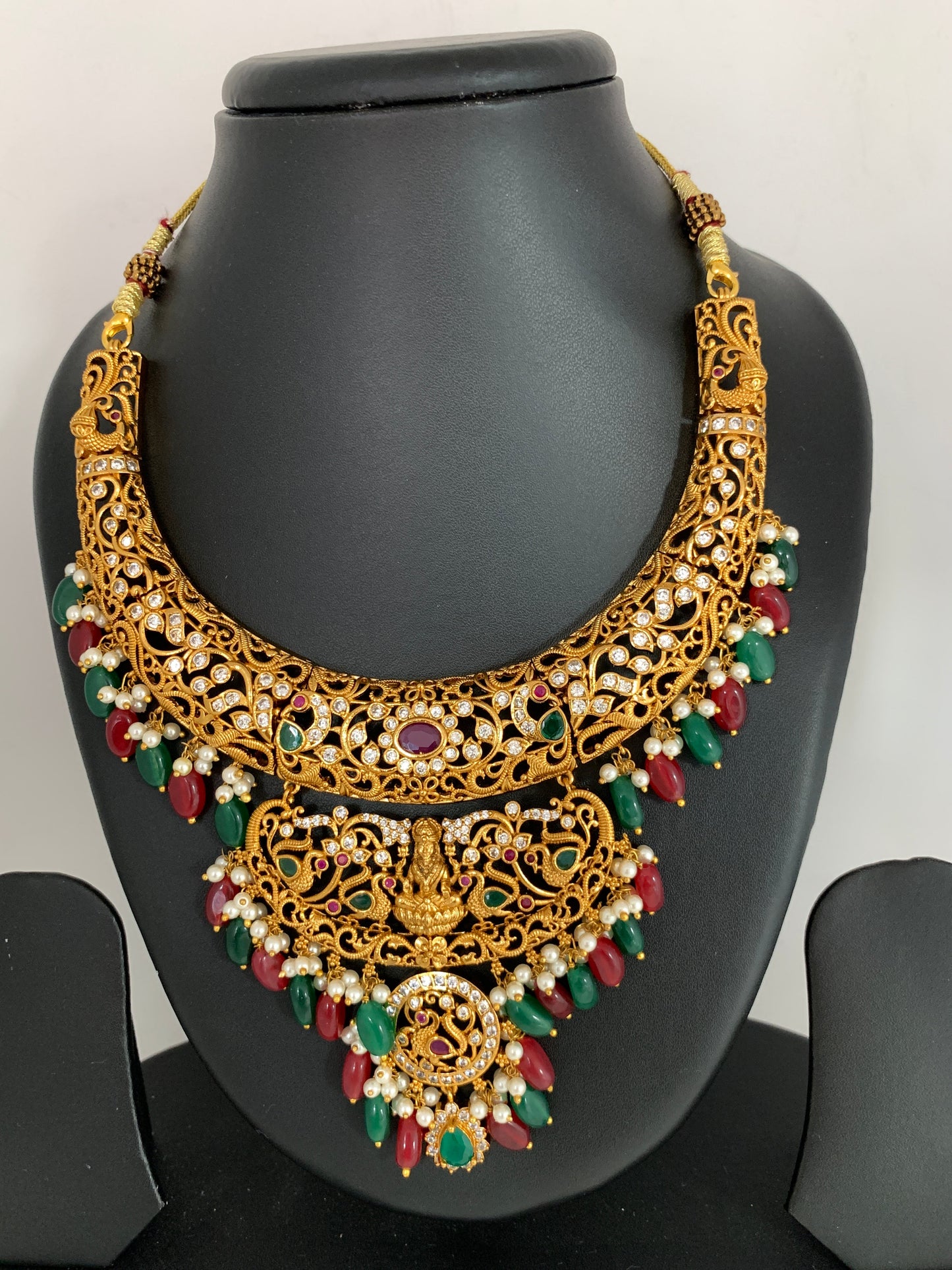 Goddess Lakshmi Red Green Beads Kanthi Neckline Necklace