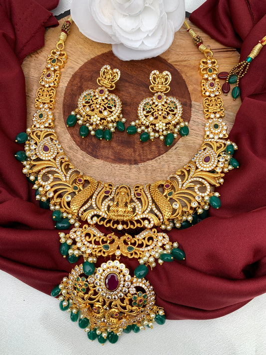 Goddess Lakshmi Peacock Green beads Neckline Necklace