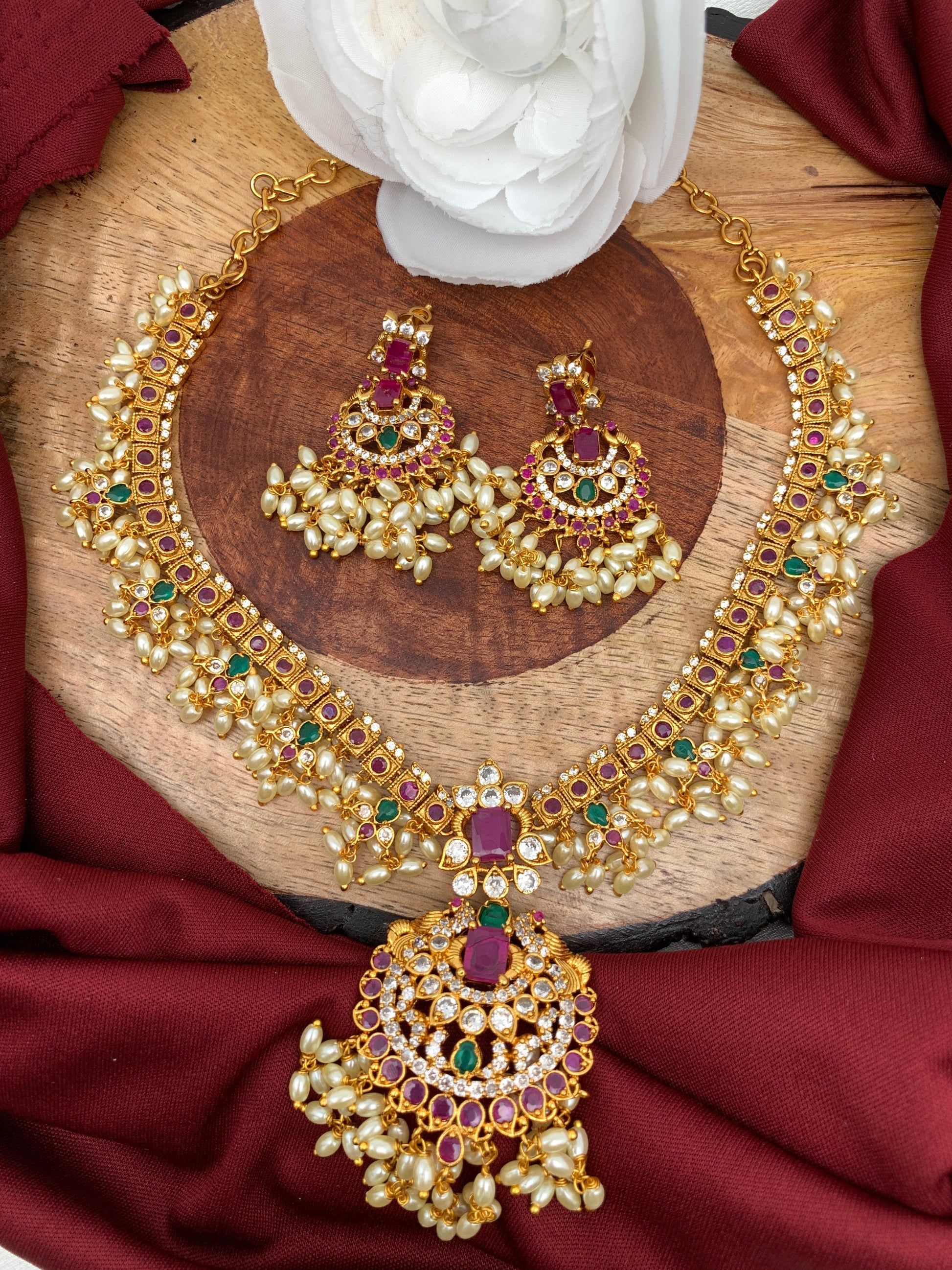 Multi Stone Rice Pearls Guttapusalu Necklace