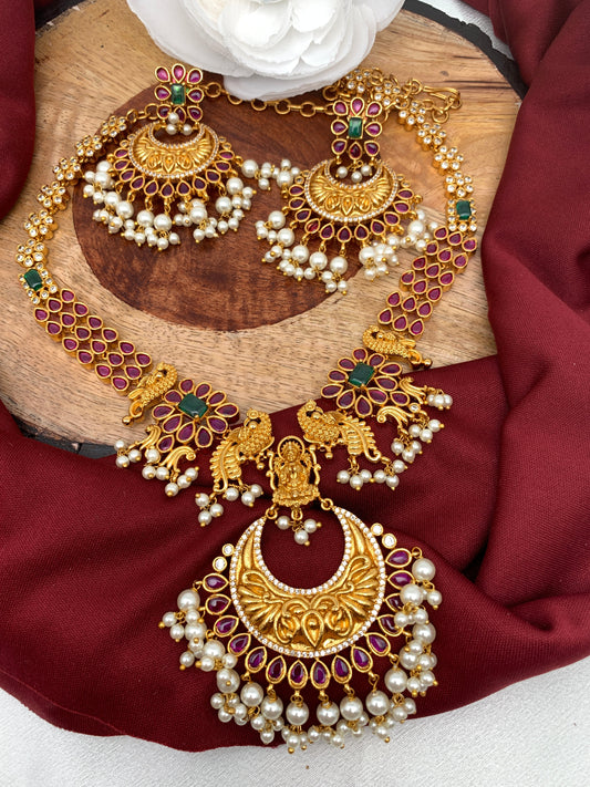Goddess Lakshmi Peacock Red Stone Chandbali Pattern Necklace