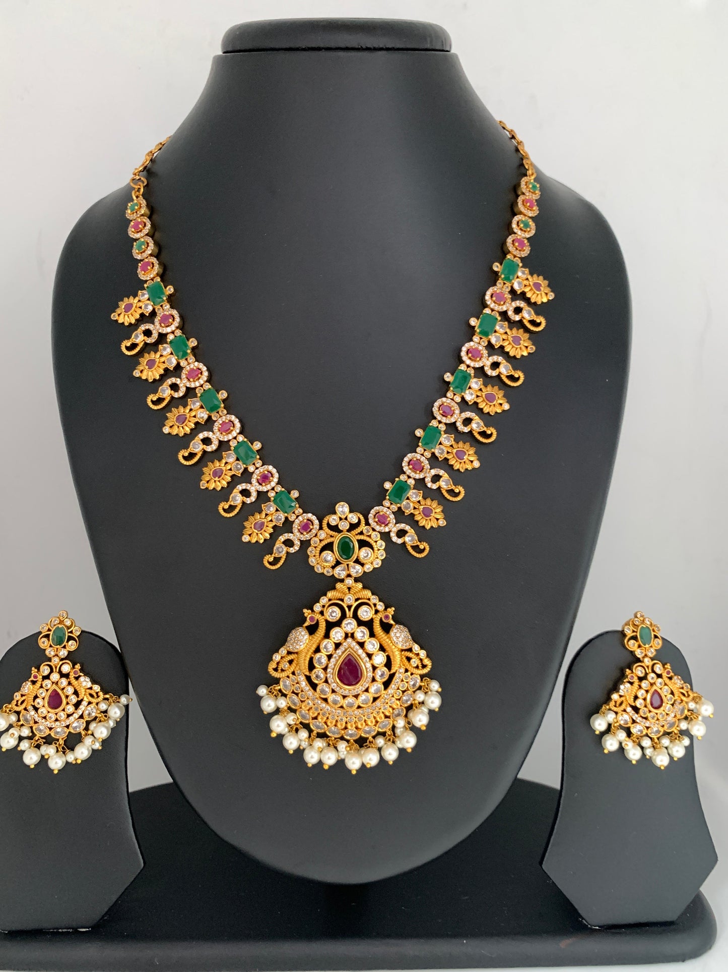 Red Green Stone CZ Pearls Ethnic Necklace