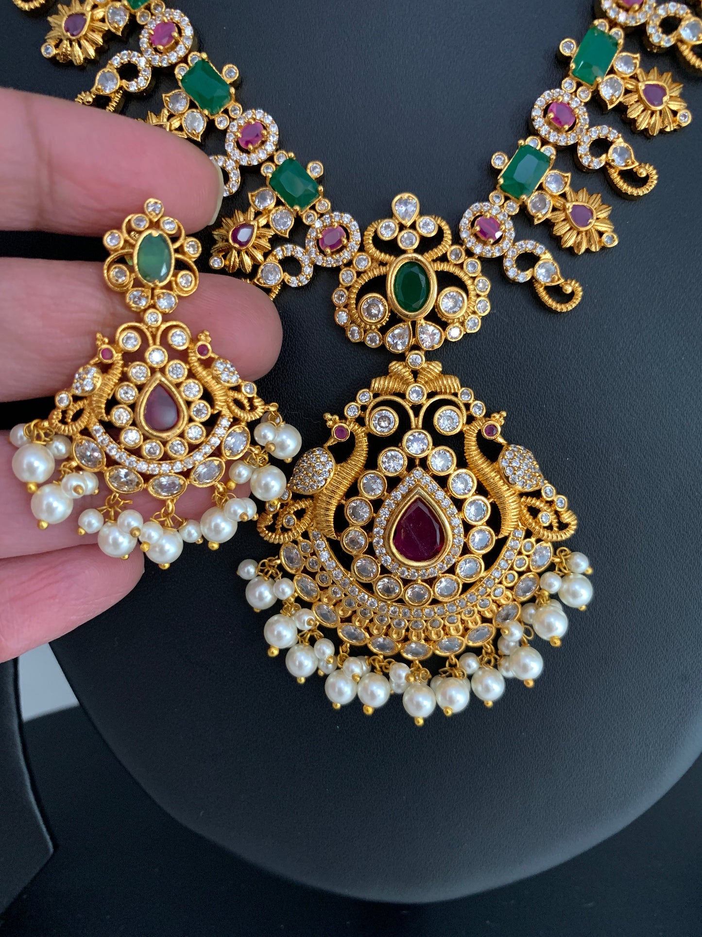 Red Green Stone CZ Pearls Ethnic Necklace