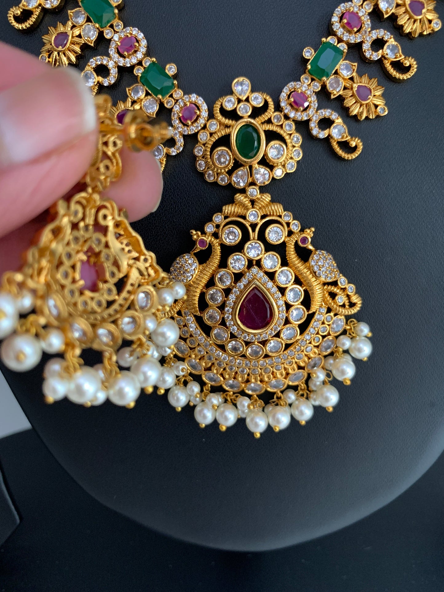 Red Green Stone CZ Pearls Ethnic Necklace