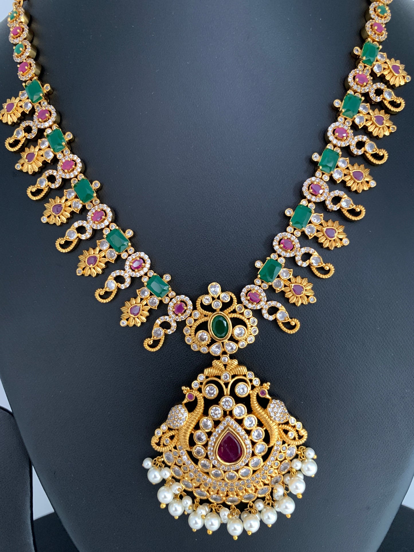 Red Green Stone CZ Pearls Ethnic Necklace