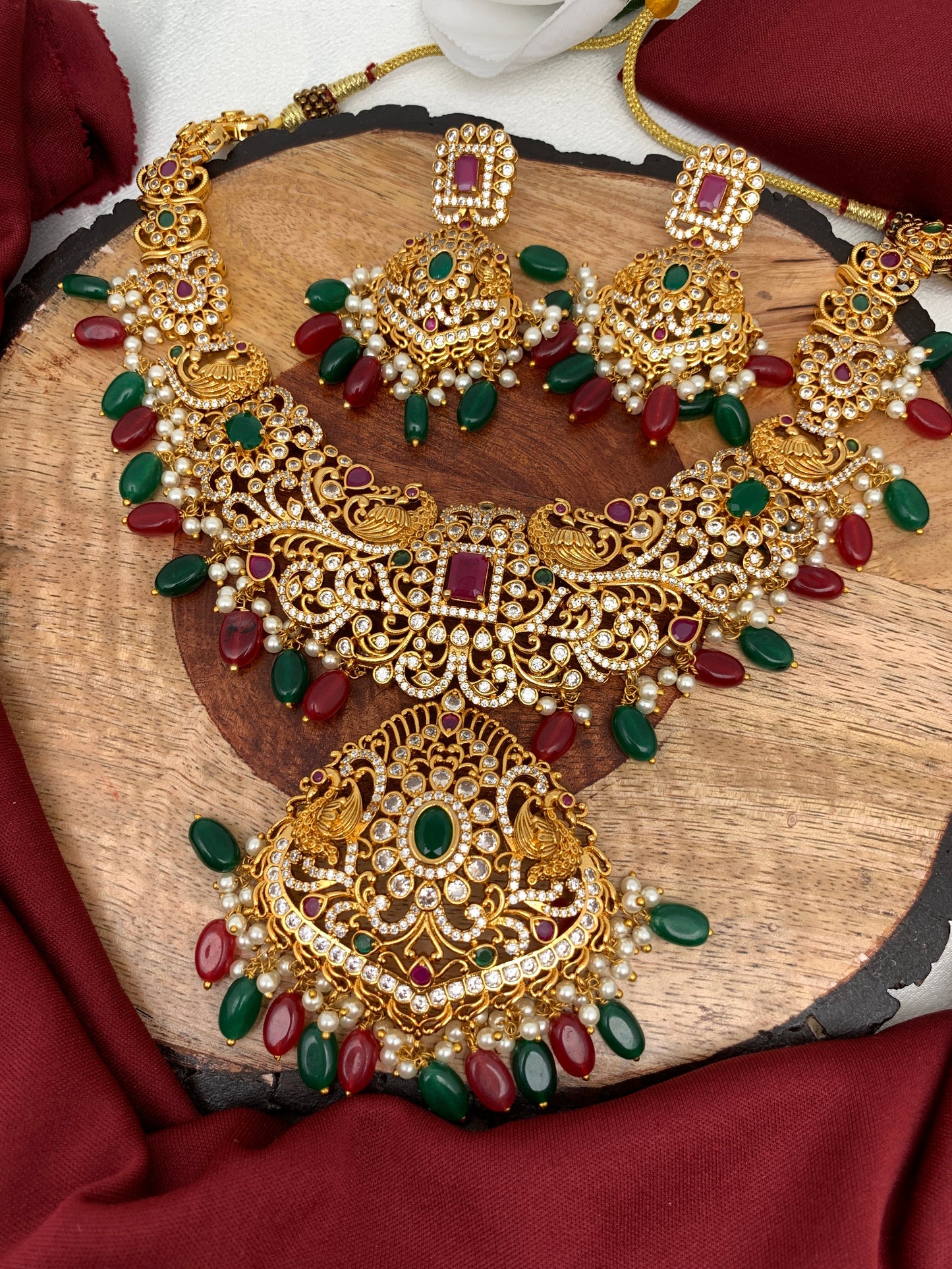 Red Green Stone Peacock Red Green beads Ethnic Necklace