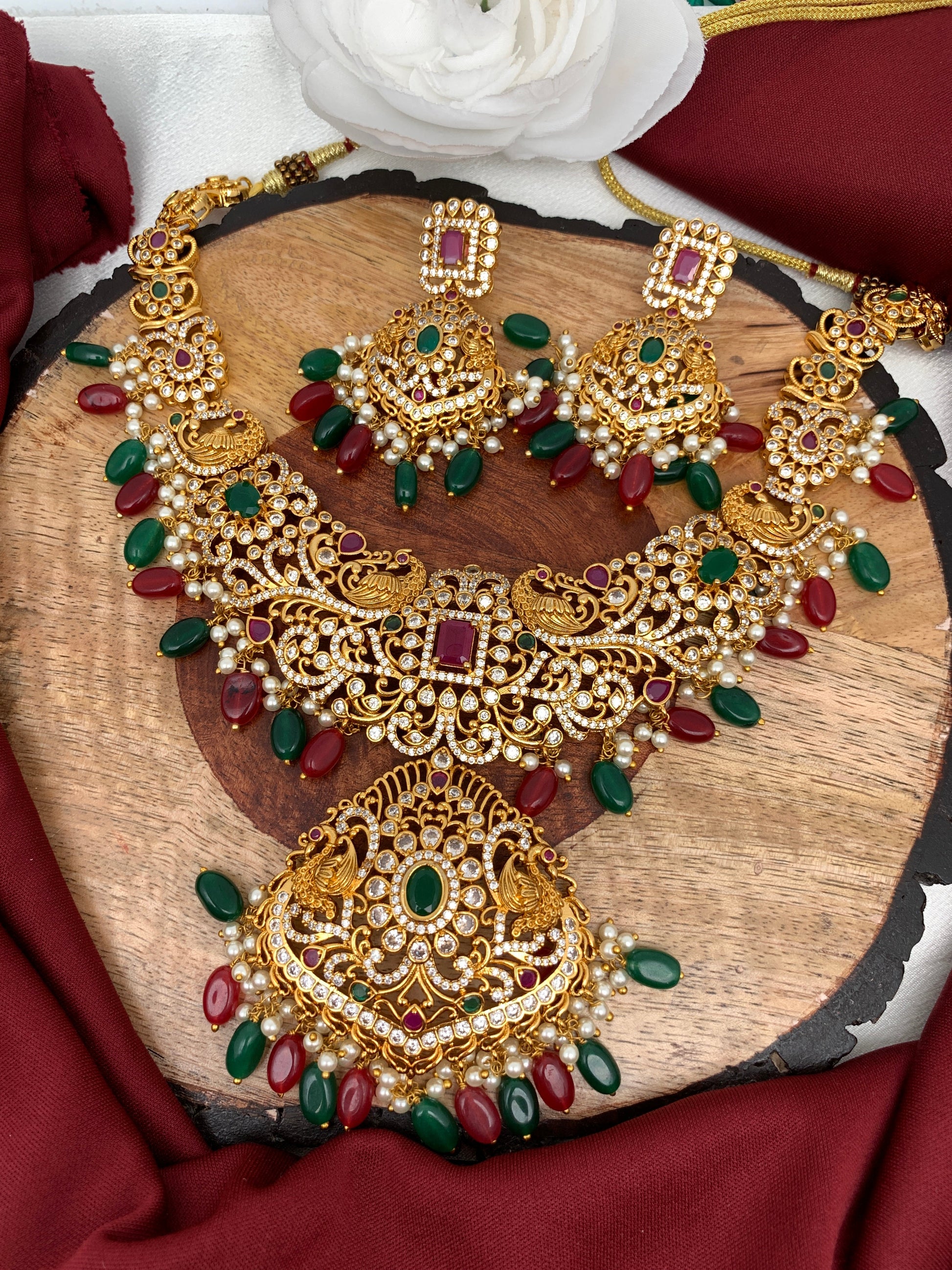 Red Green Stone Peacock Red Green beads Ethnic Necklace