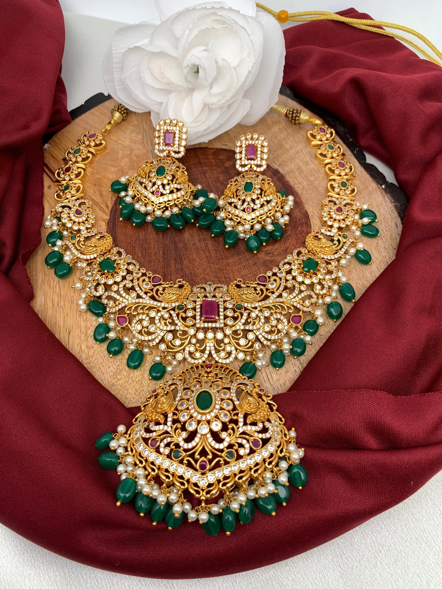 Red Green Stone Peacock Green beads Ethnic Necklace