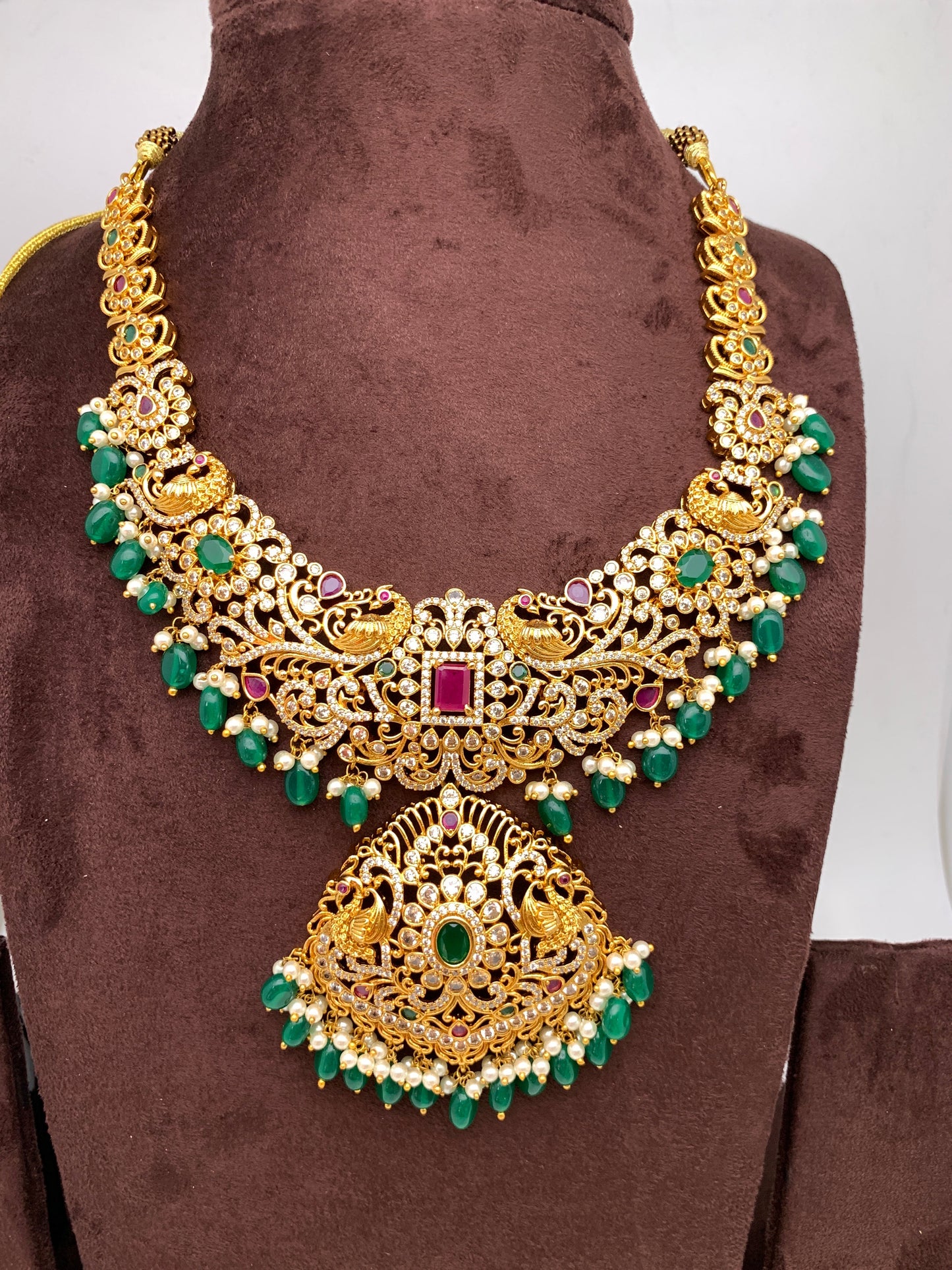 Red Green Stone Peacock Green beads Ethnic Necklace
