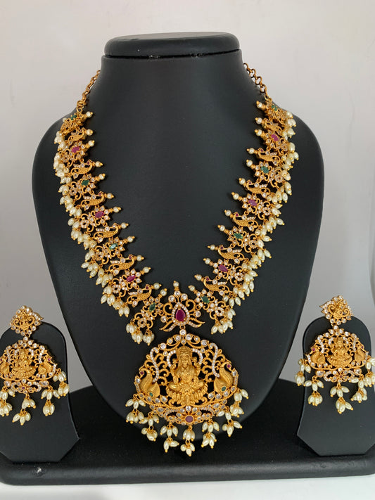 Goddess Lakshmi Multi Stone Rice Pearls Guttapusalu Necklace