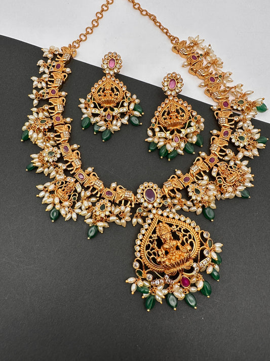 Goddess Lakshmi Elephant Green beads Short Guttapusalu Necklace