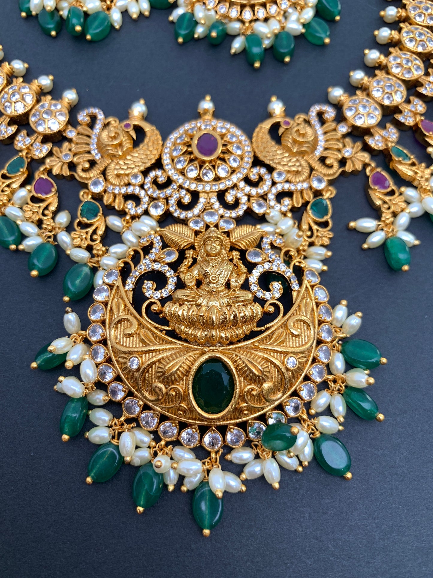 Goddess Lakshmi Peacock Rice Pearls Green beads Short Guttapusalu Necklace