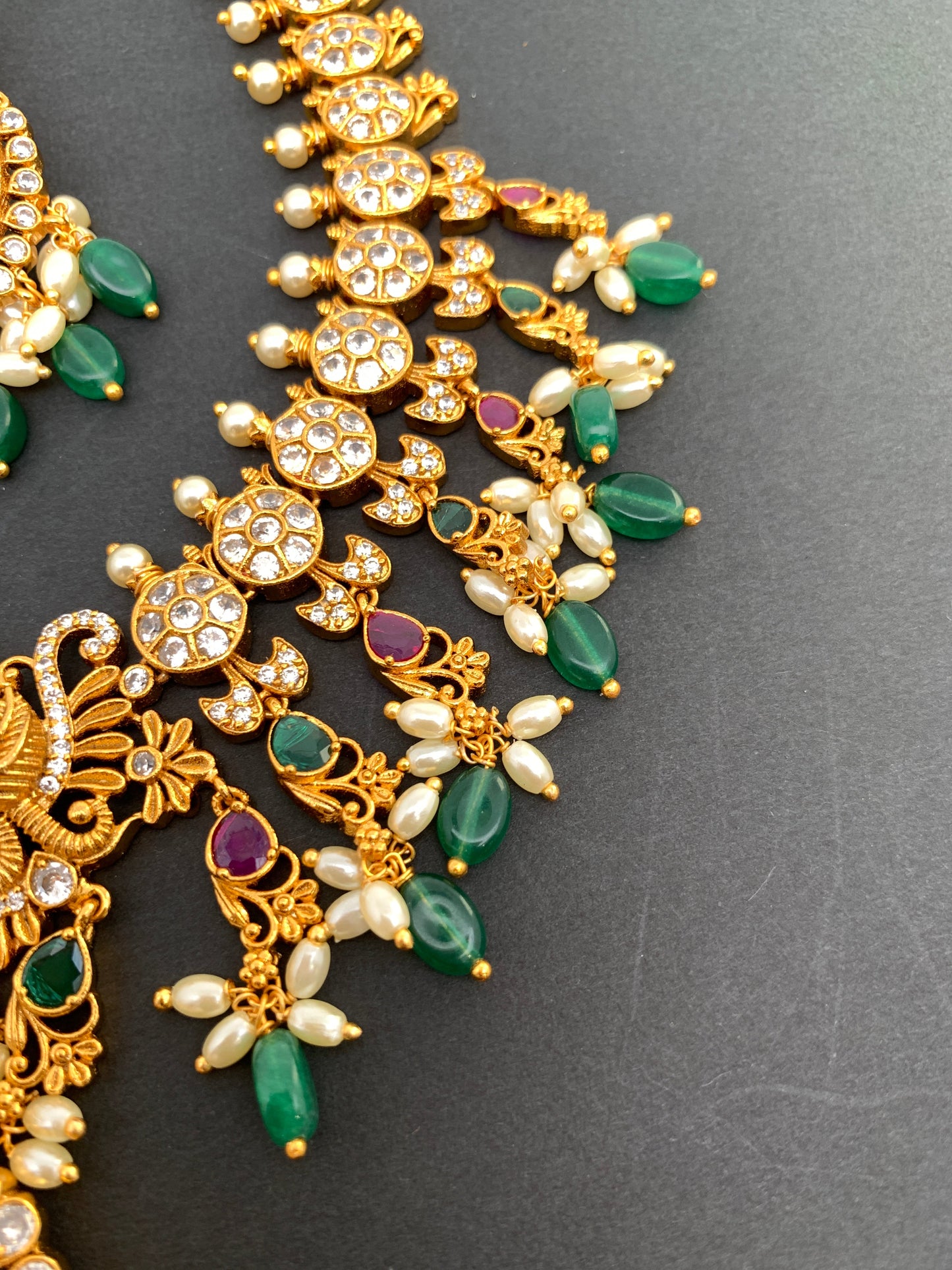 Goddess Lakshmi Peacock Rice Pearls Green beads Short Guttapusalu Necklace