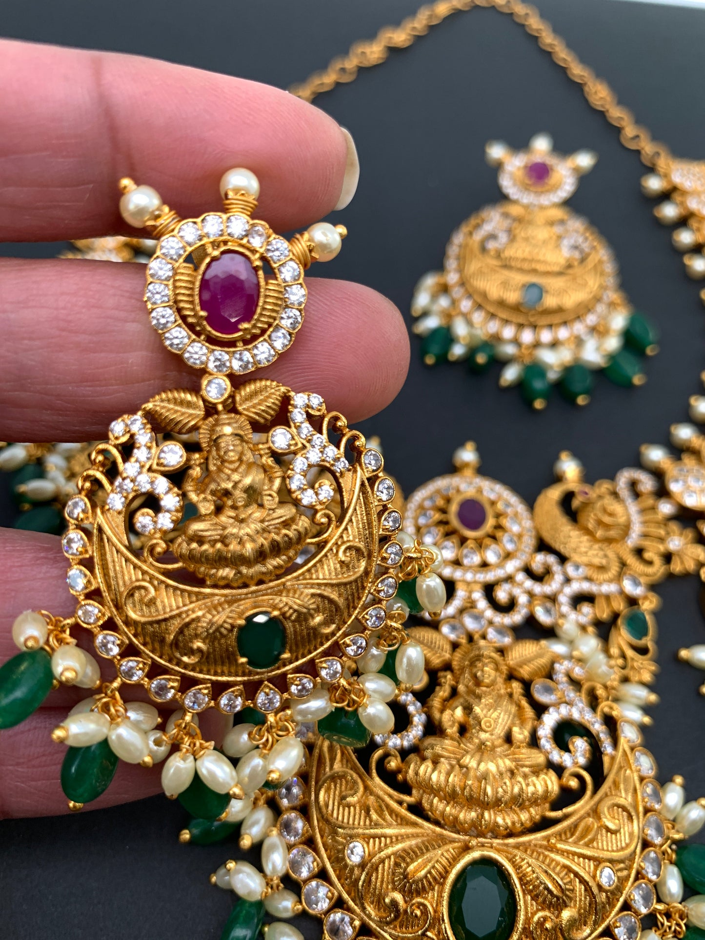 Goddess Lakshmi Peacock Rice Pearls Green beads Short Guttapusalu Necklace