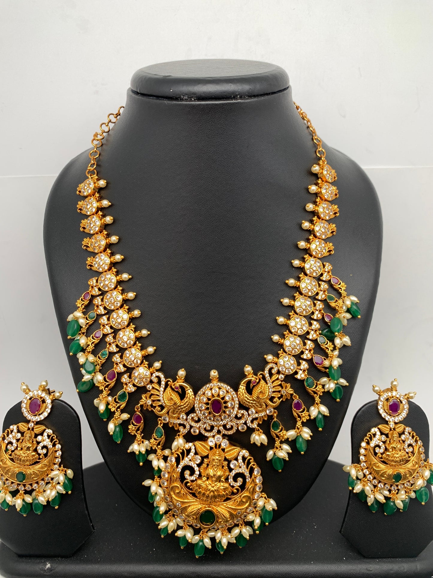 Goddess Lakshmi Peacock Rice Pearls Green beads Short Guttapusalu Necklace
