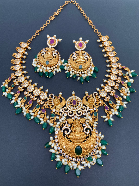 Goddess Lakshmi Peacock Rice Pearls Green beads Short Guttapusalu Necklace