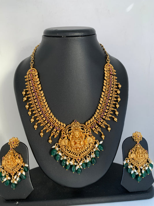 Goddess Lakshmi Nakshi CZ Red Stone Green beads Neckline Necklace