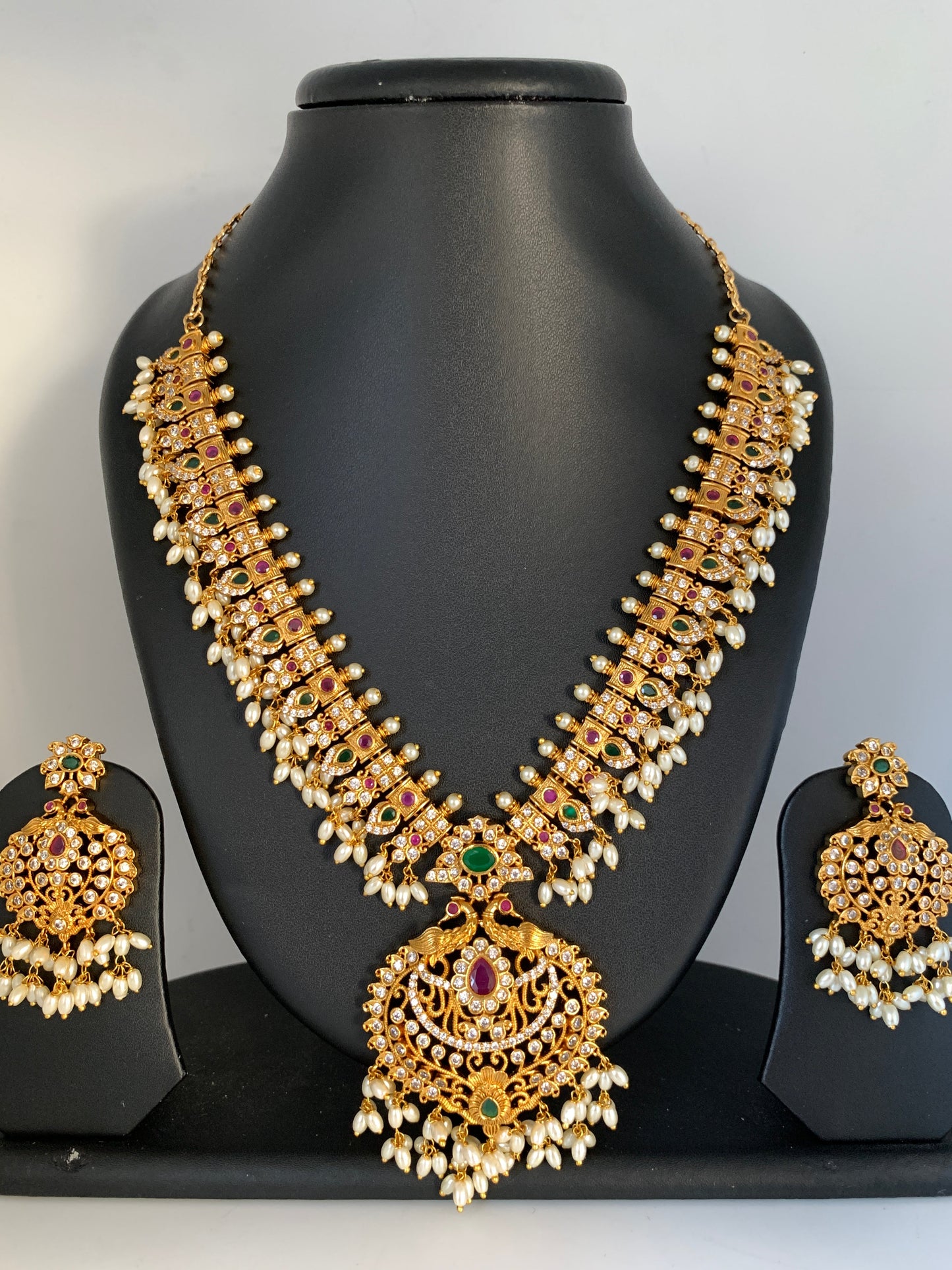 AD Red Green Multi Stone Rice Pearls Guttapusalu Necklace
