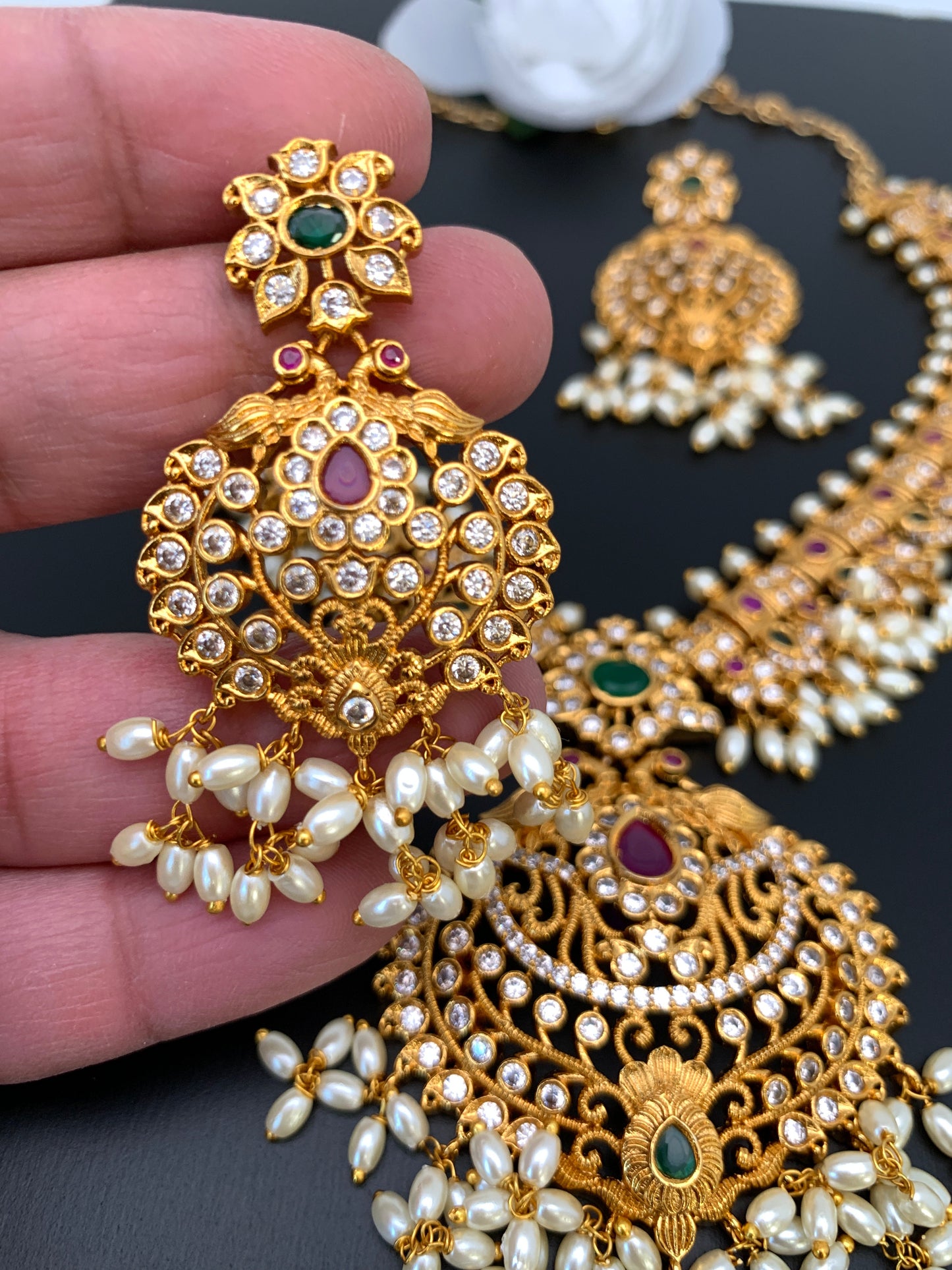 AD Red Green Multi Stone Rice Pearls Guttapusalu Necklace