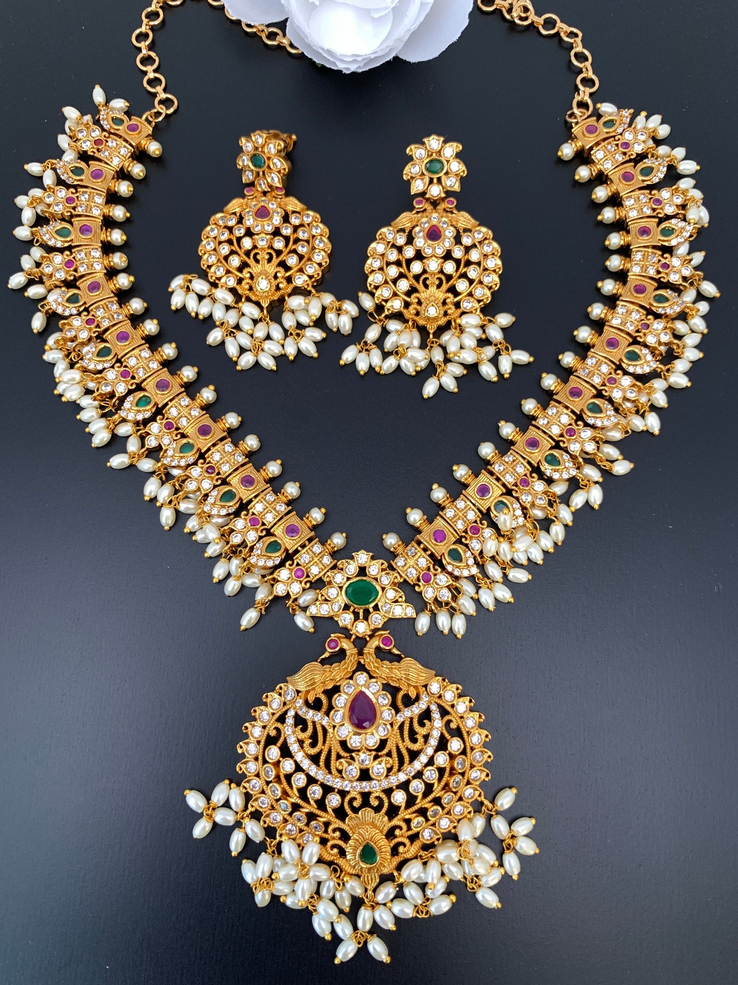 AD Red Green Multi Stone Rice Pearls Guttapusalu Necklace