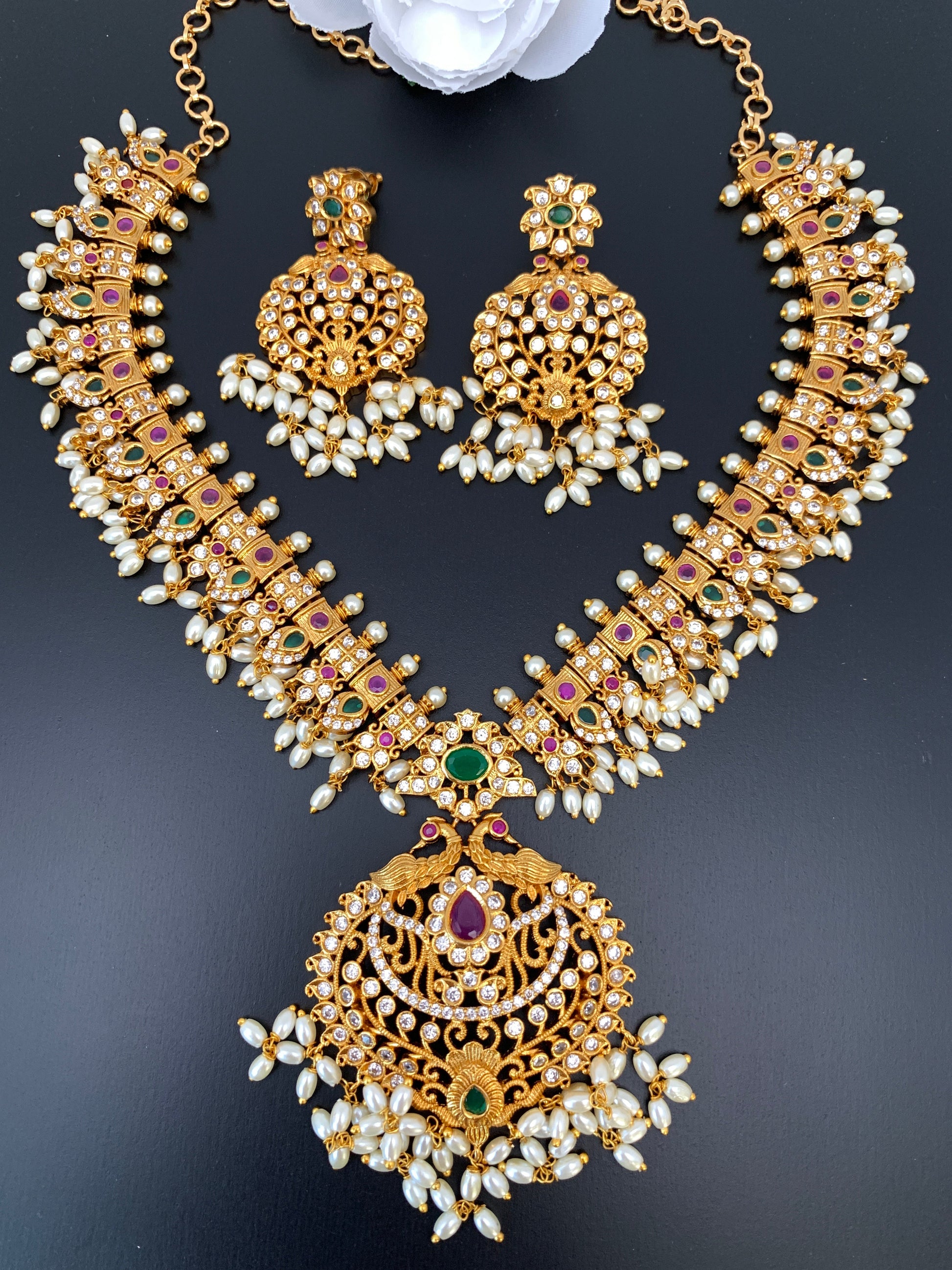 AD Red Green Multi Stone Rice Pearls Guttapusalu Necklace