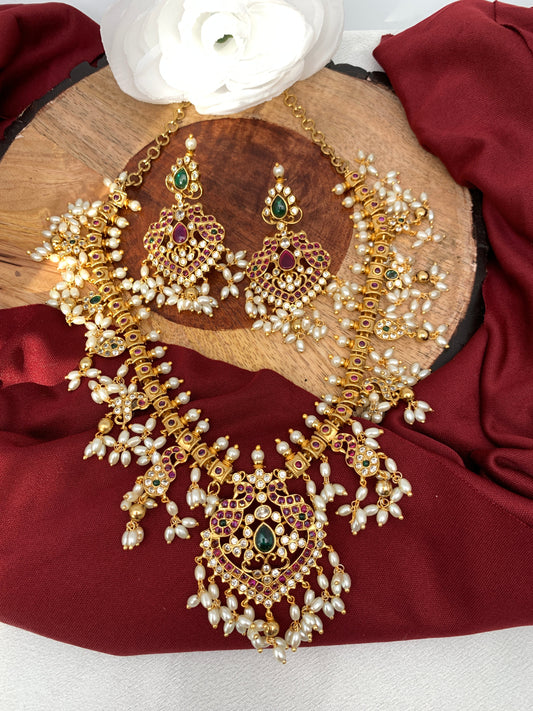 CZ Red Green Kemp Multi Stone Rice Pearls Guttapusalu