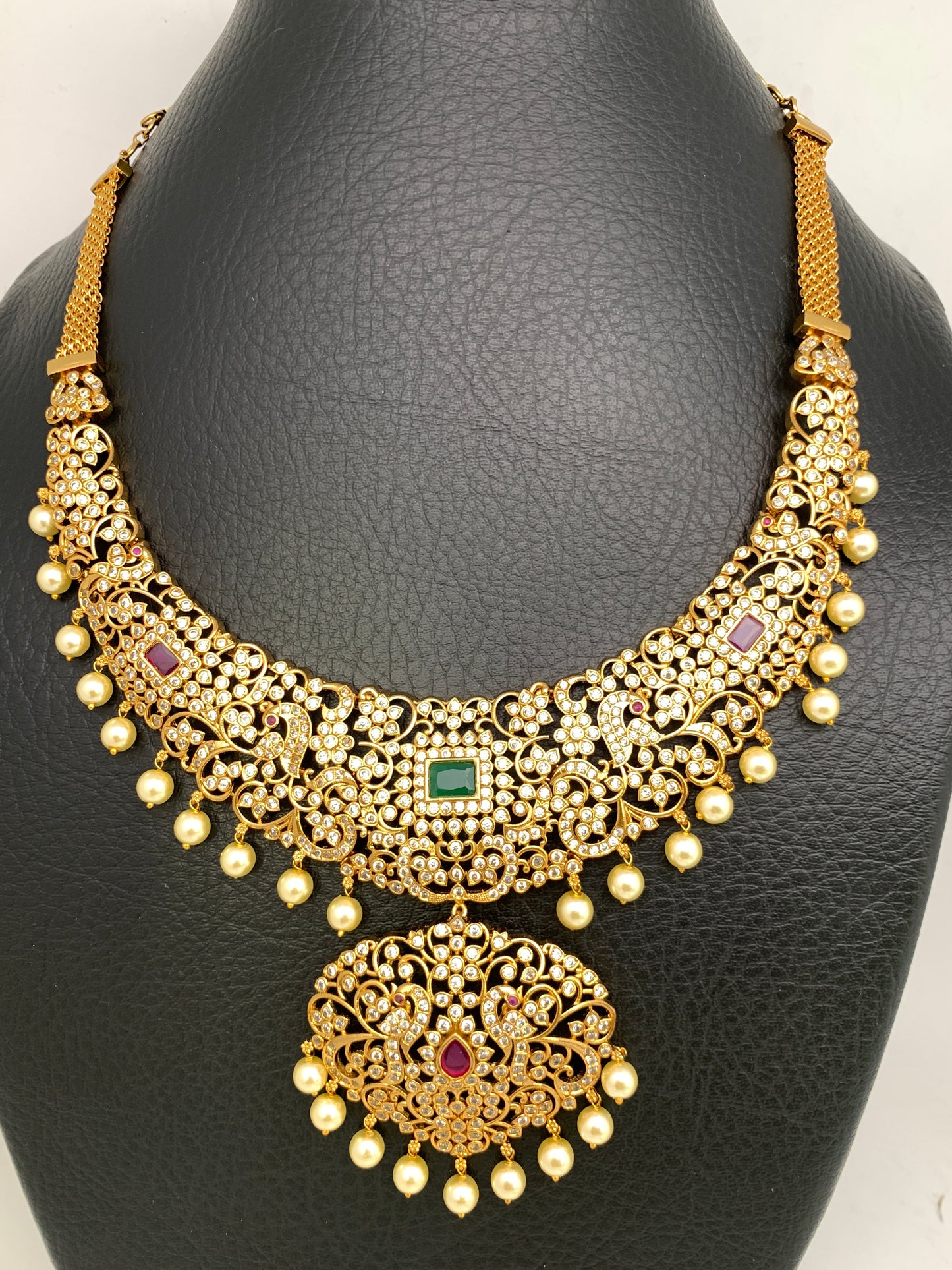 AD Red Green Multi Stone Premium Matte Neckline Ethnic Necklace