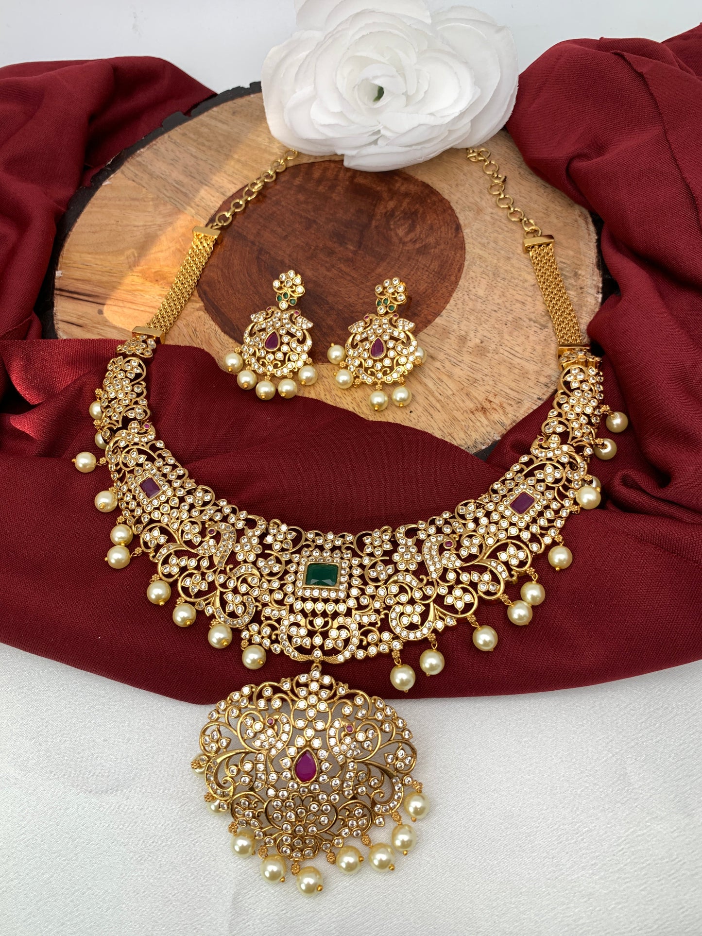 AD Red Green Multi Stone Premium Matte Neckline Ethnic Necklace