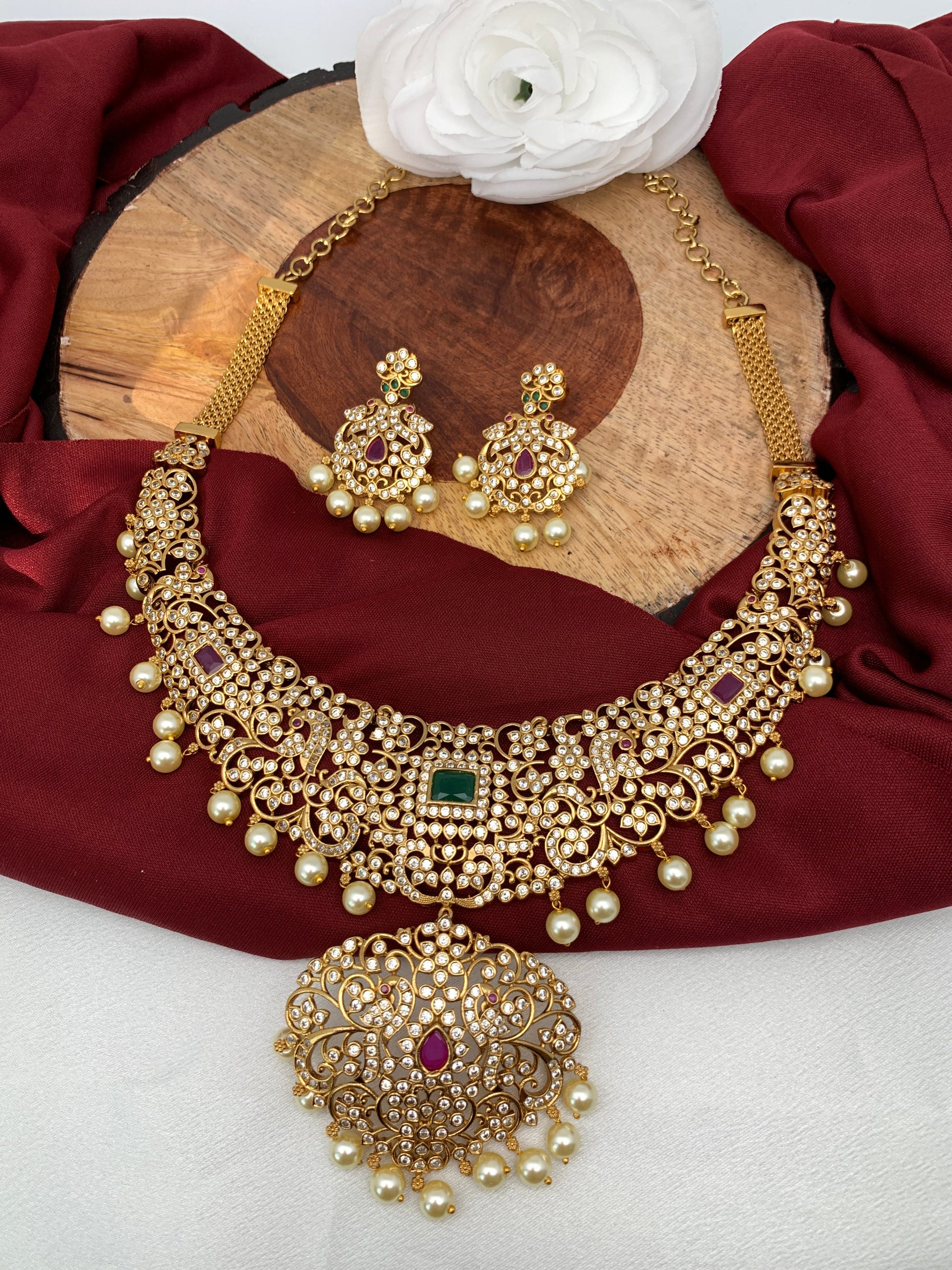 AD Red Green Multi Stone Premium Matte Neckline Ethnic Necklace