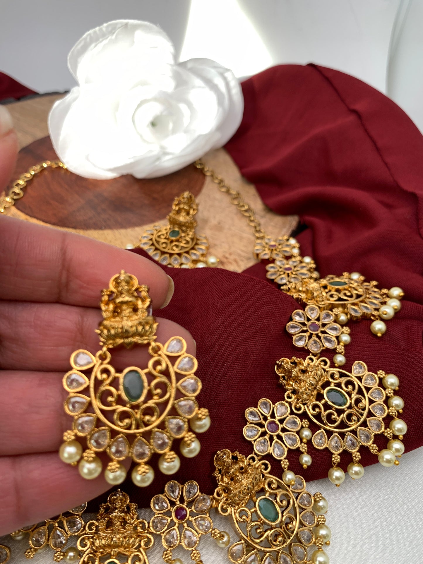 Goddess Lakshmi CZ Red Green Stone Short Necklace
