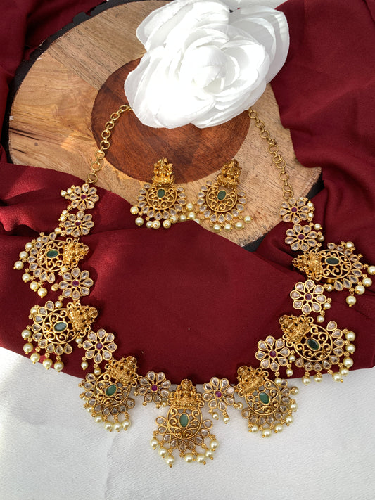 Goddess Lakshmi CZ Red Green Stone Short Necklace