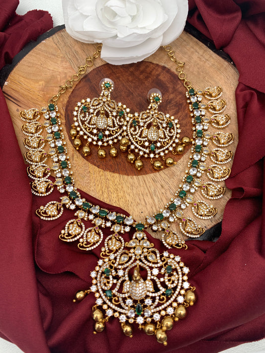 Mango Peacock Design AD Green Stone Short Ethnic Necklace