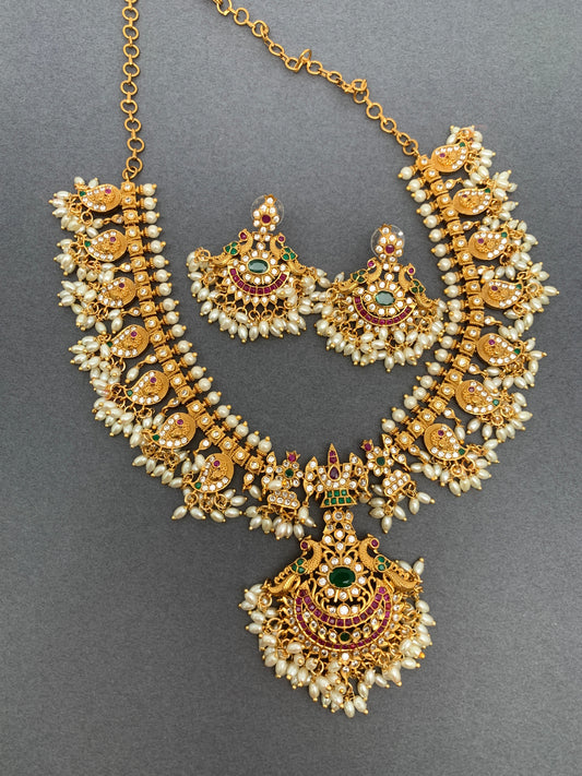 CZ Red Green Multi Stone Peacock Design Rice Pearls Guttapusalu