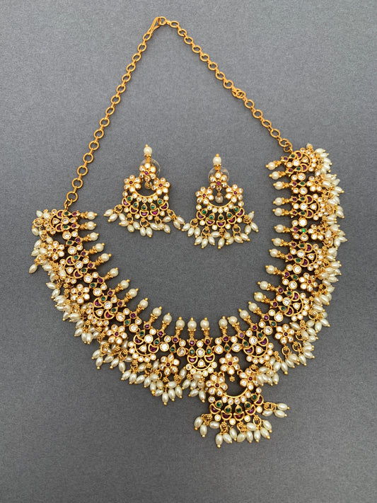 CZ Red Green Multi Stone Rice Pearls Guttapusalu