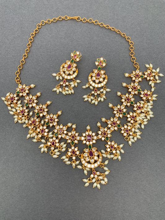 CZ Red Green Multi Stone Rice Pearls Guttapusalu