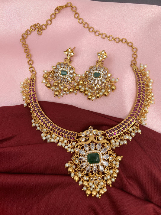 CZ Red Kemp Green Stone Pearls Neckline Ethnic Necklace