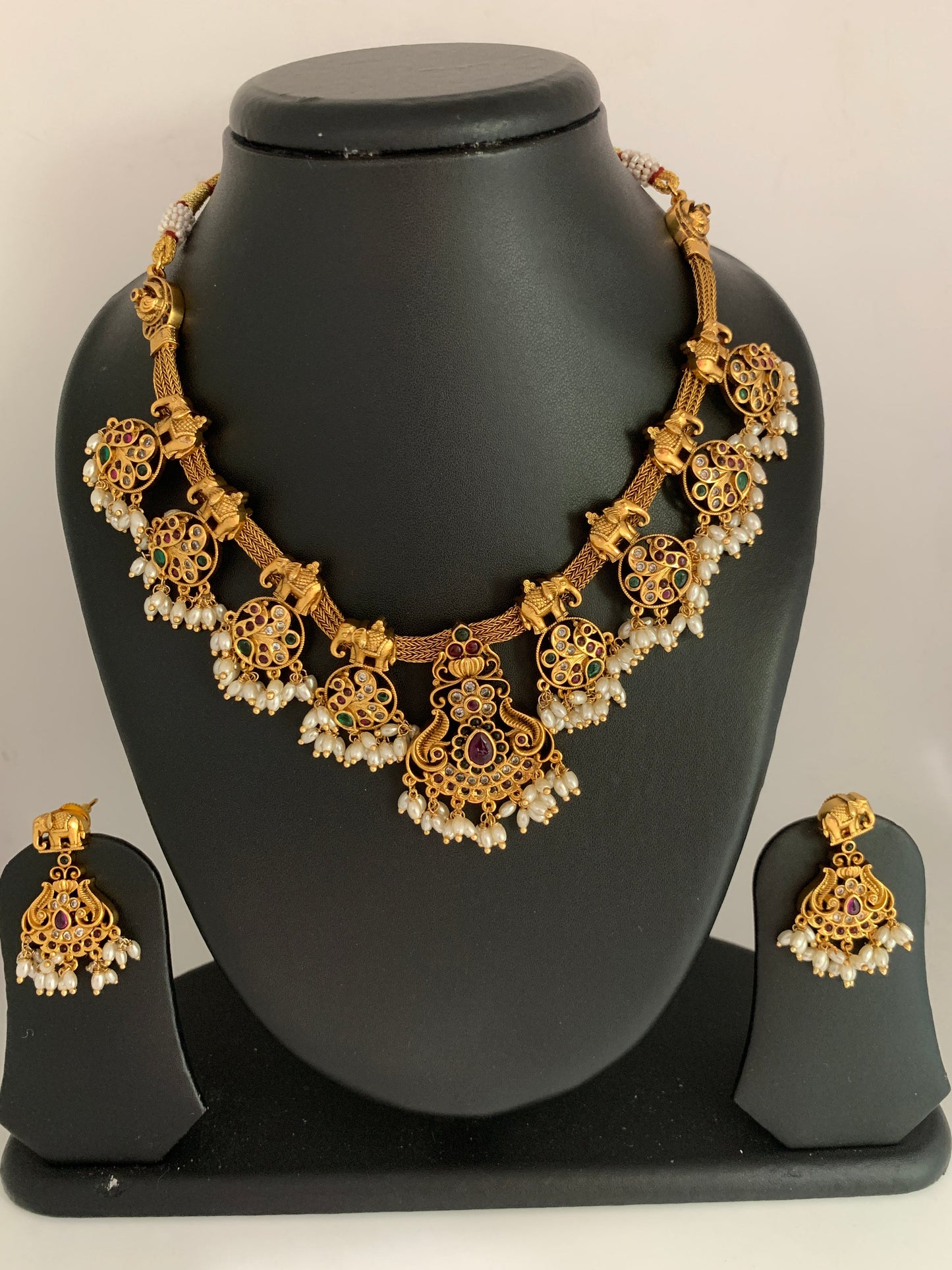 Elephant Design Matte Finish Red Green Multi Stone Ethnic Necklace